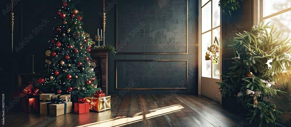 Poster Christmas and New Year decorated interior room with presents and New year tree. with copy space image. Place for adding text or design