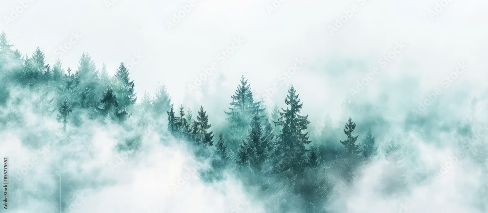 Aufkleber Forest covered in white fog. Copy space image. Place for adding text or design