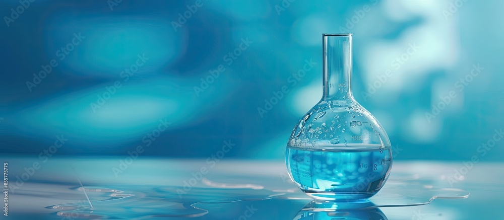 Aufkleber experiment water in beaker and flask in blue chemistry science laboratory background. Copy space image. Place for adding text or design