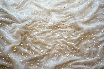 Obraz premium Christmas party background with shiny golden confetti stars. Top view, flat lay with copyspace