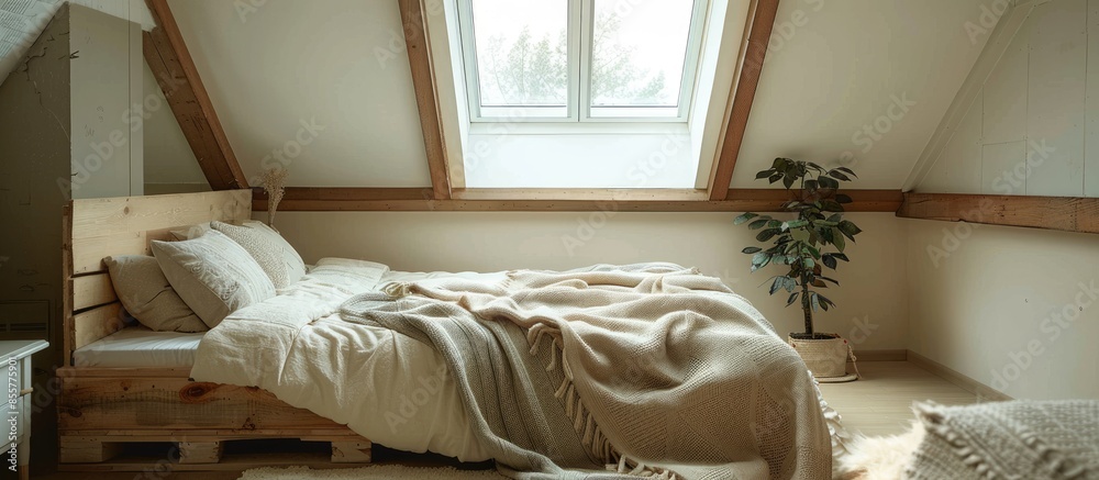 Aufkleber Comfortable wooden bed with blanket and cushions placed in light attic with small window and decorative frames in stylish apartment. with copy space image. Place for adding text or design