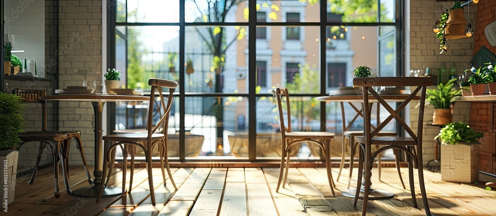 Poster a dining room with wooden flooring and chairs in front of a window looking out onto the street side view. with copy space image. Place for adding text or design
