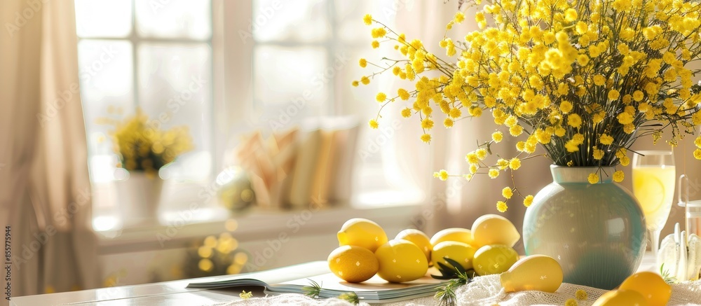 Poster Vases with beautiful Easter decor, mimosa flowers and magazines on table in room. with copy space image. Place for adding text or design