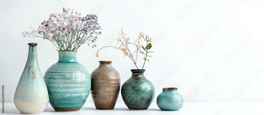 Poster Set of beautiful ceramic vases on white background . with copy space image. Place for adding text or design