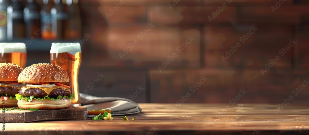Poster beer and burgers on wooden table. copy space image. place for adding text or design