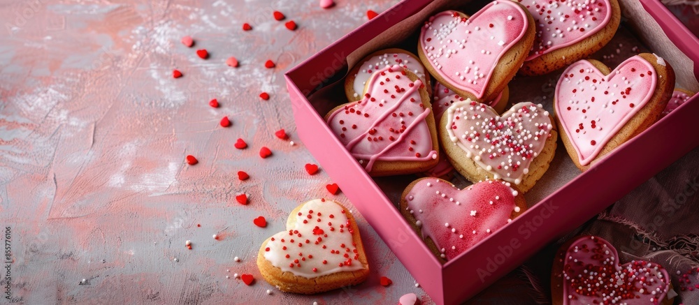 Poster Step by step recipe of making cookies for valentine's day. Biscuits with icing and sweet sprinkles in box. Copy space image. Place for adding text or design