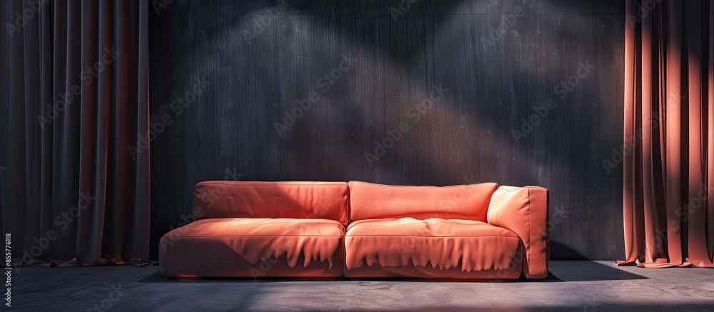Poster Set of salmon pink sofa displayed in shadowy lighting . with copy space image. Place for adding text or design