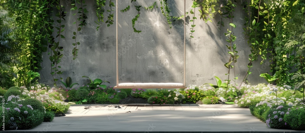 Poster Garden with terrace and swing. Copy space image. Place for adding text or design