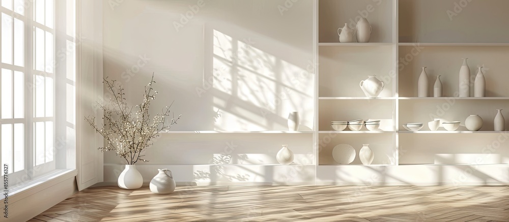 Aufkleber Elegant ceramic plates cups and vases arranged on built in shelves in minimalist style apartment with wooden parquet floor in daylight. with copy space image. Place for adding text or design