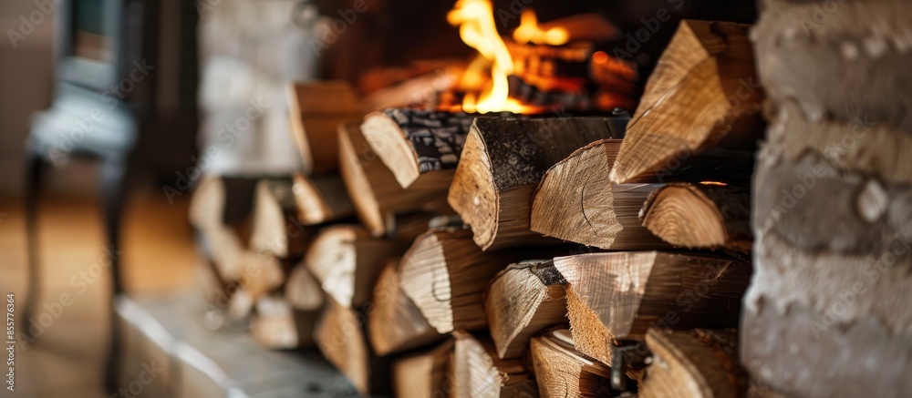 Poster firewood burning in a stove. with copy space image. Place for adding text or design