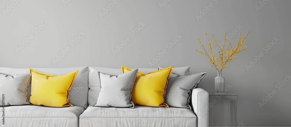 Aufkleber Bright yellow cushions decorating a gray sofa. with copy space image. Place for adding text or design