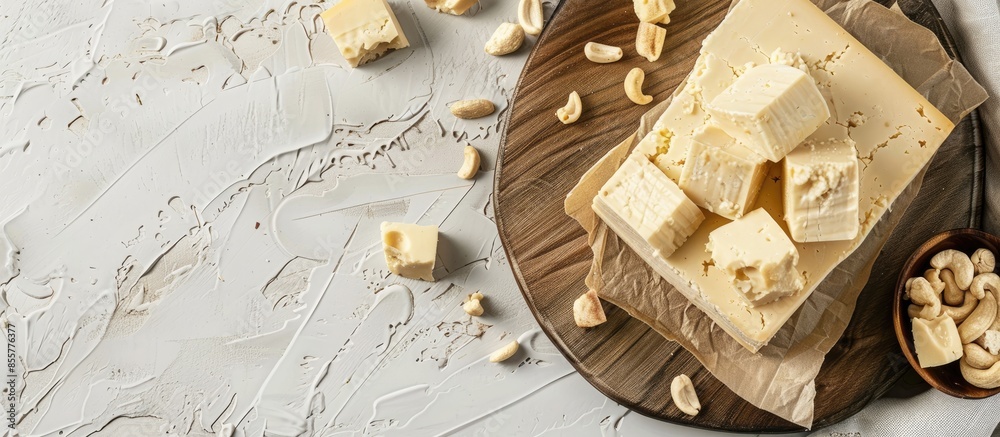 Aufkleber vegan cheese with cashew. Copy space image. Place for adding text or design