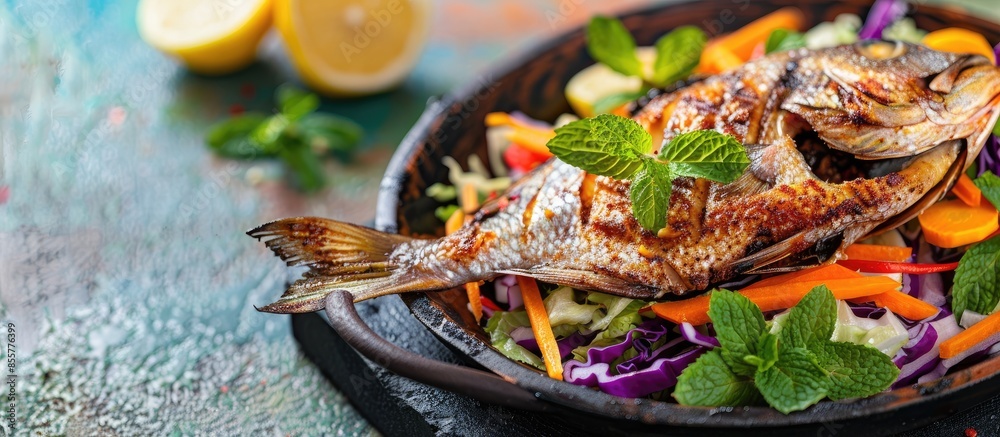 Leinwandbilder tandoori pomfret fish cooked in a clay oven and garnished with lemon , mint, cabbage and carrot sala