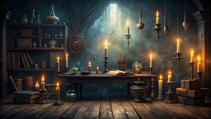 Magic workspace background with dark tones , magic, workspace, background, dark, mysterious, enchanting, fantasy