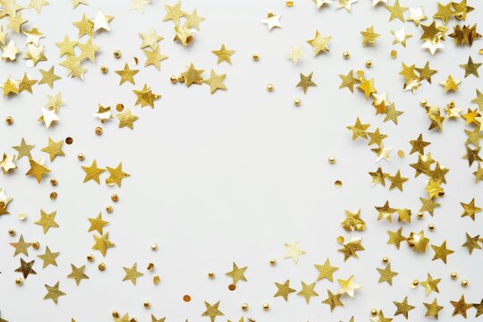 Fototapeta Golden Star Confetti on White Background. Christmas, birthday or wedding wallpaper banner frame with copyspace