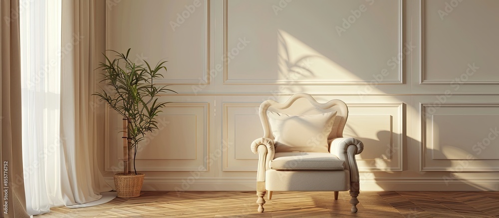 Poster elegant living room interior with comfortable armchair. with copy space image. place for adding text