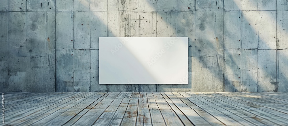 Aufkleber wooden floor and cement wall with white billboard. with copy space image. place for adding text or d