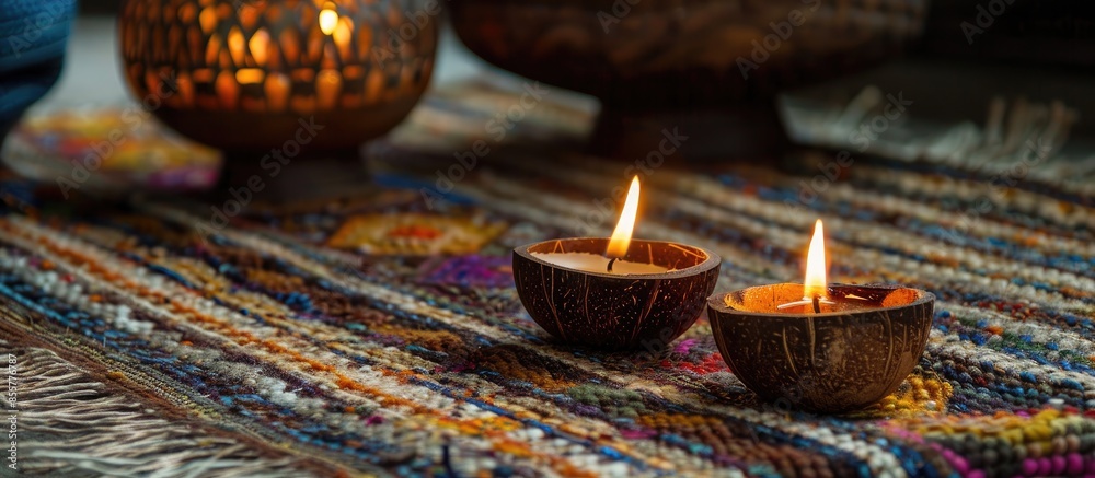 Poster cozy home interior decor, burning candles in coconut shell on a multi-colored rug with metal vase ba