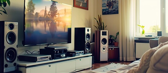 Home entertainment multimedia center in living room: tv, audio system and over devices. Copy space image. Place for adding text or design