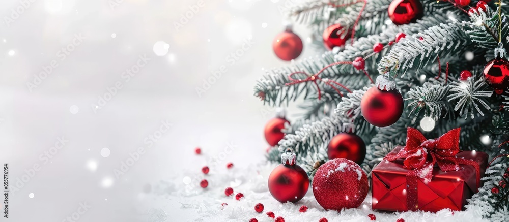 Poster christmas tree background. red toys on christmas tree and gifts. happy new year. with copy space ima