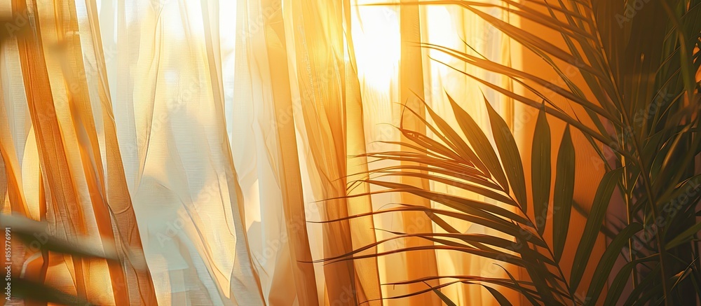 Aufkleber romantic curtain inside a home with palm leaf and a orange sunset. with copy space image. Place for adding text or design