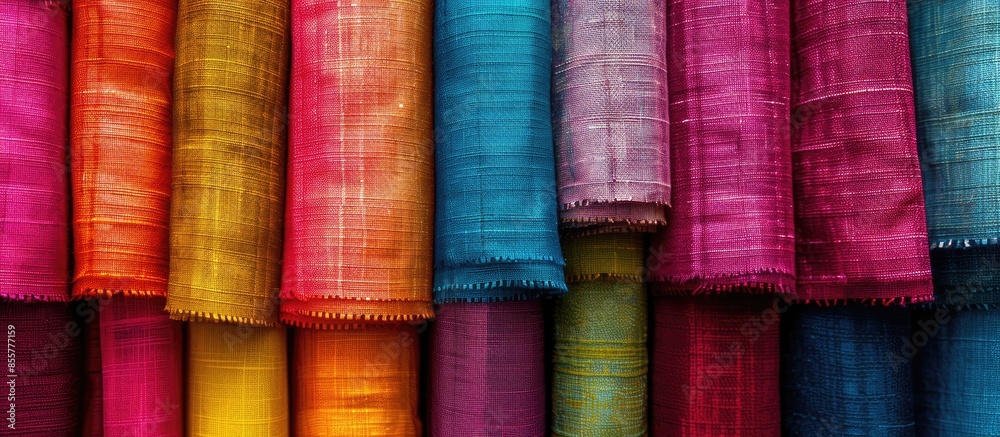 Poster bright collection of textile samples. multicolor fabric texture background