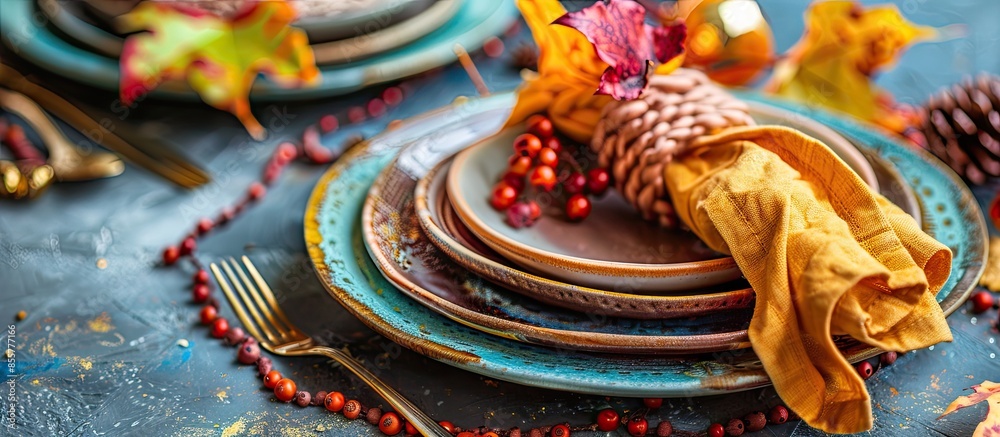 Poster Multicolored plates and linen napkins with knitted decor. Table setting for the autumn or winter cold season - Thanksgiving, Halloween, Christmas and New Year. Selective focus. with copy space image