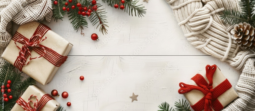 Poster christmas composition. christmas gifts, fir tree branches, knitted blanket on white wooden backgroun