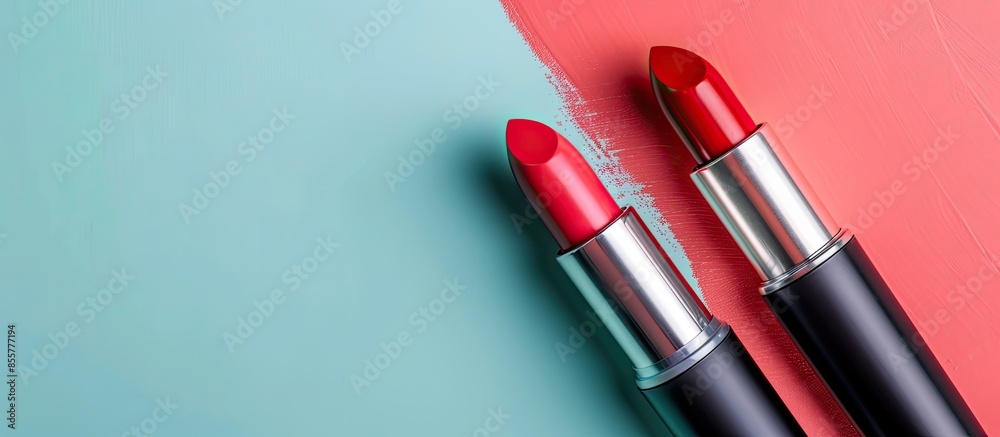Poster Red lipstick set Isolated on pastel background  Woman. with copy space image. Place for adding text or design
