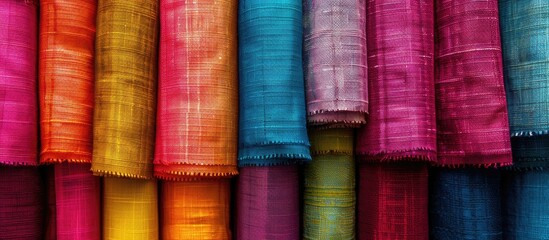 Bright collection of textile samples. Multicolor fabric texture background