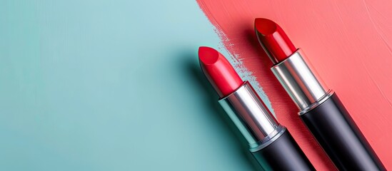 Obraz premium Red lipstick set Isolated on pastel background Woman. with copy space image. Place for adding text or design