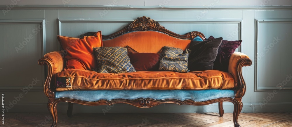 Poster Old fashioned sofa with retro pillows. with copy space image. Place for adding text or design