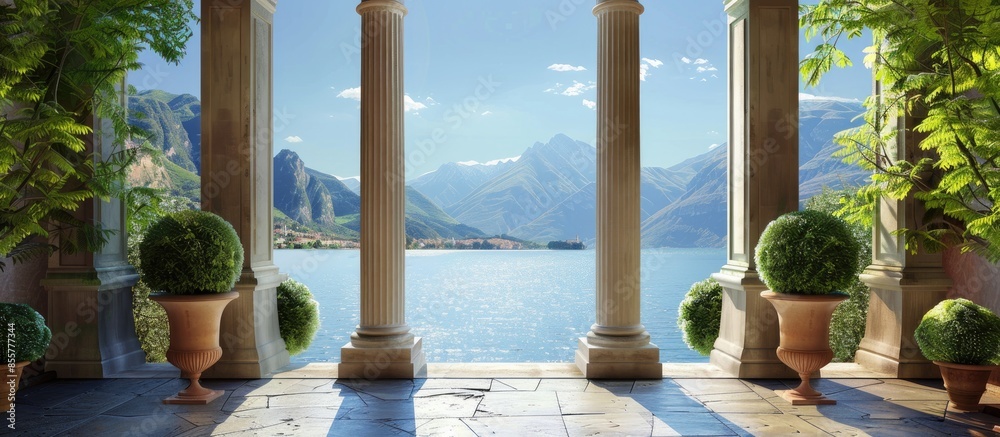 Poster entrance to classical villa looking out over lake towards mountains on summers day. copy space image