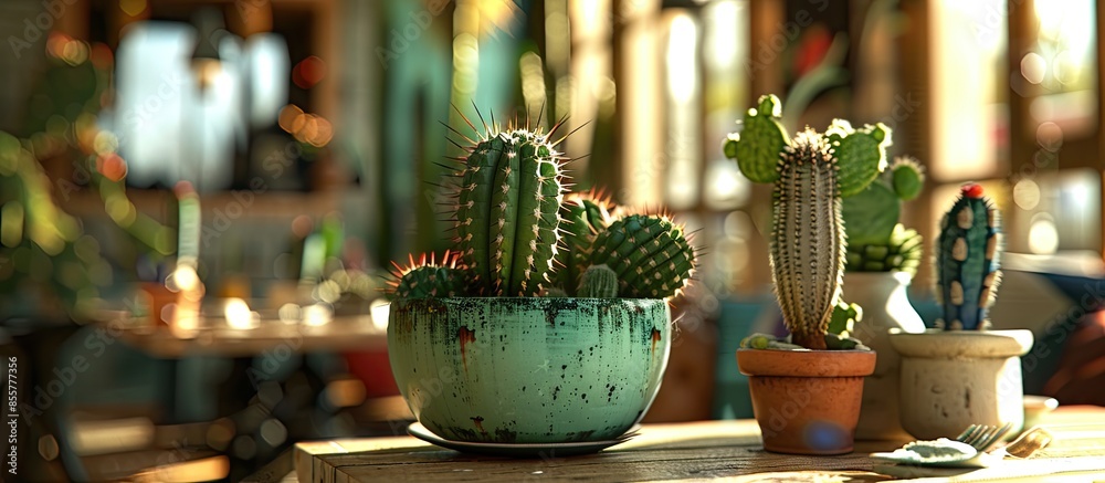 Poster Cactus in pot at cafe. with copy space image. Place for adding text or design