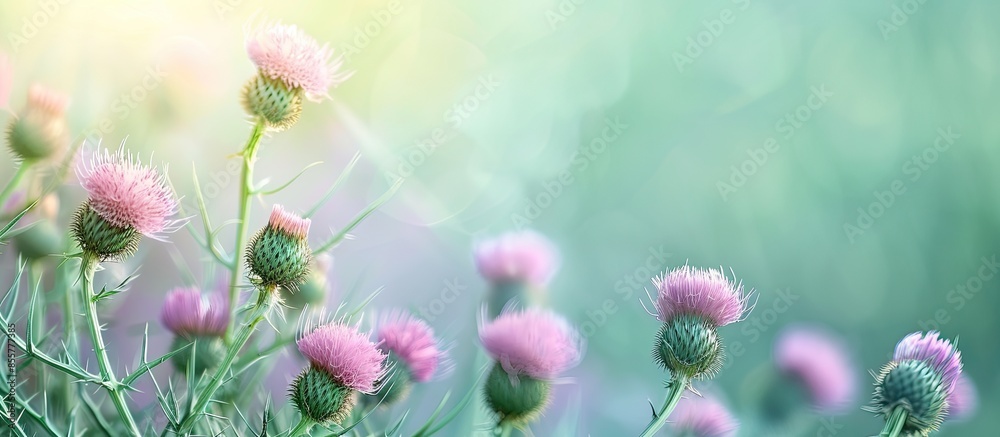 Poster thistle cirsium isolated green bagground in summer for wallpaper (tidsel) pastel background. with co
