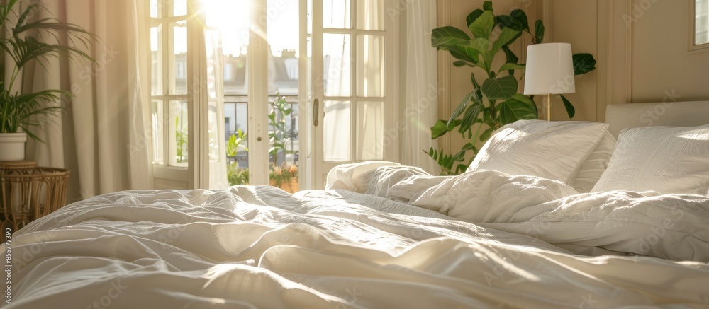 Poster comfortable bed with white bedclothes and bedside table with lamp placed near window and balcony doo