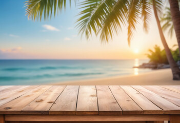 Top of wood table with seascape and palm tree, blur bokeh light of calm sea and sky at tropical beach background
