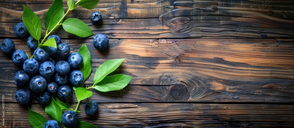 Poster blueberries with blueberry leaves on a old wooden table. with copy space image. place for adding tex