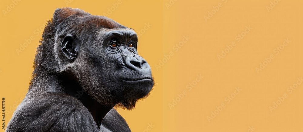 Poster of a gorilla, a herbivorous ape, isolated on pastel background. with copy space image. place for add