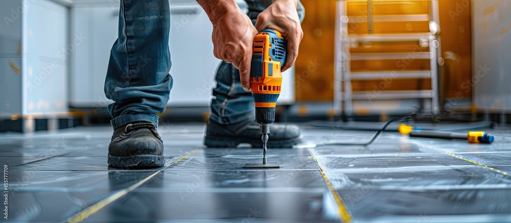 Poster Worker with electric drill preparing tiles for installation indoors, closeup. with copy space image. Place for adding text or design