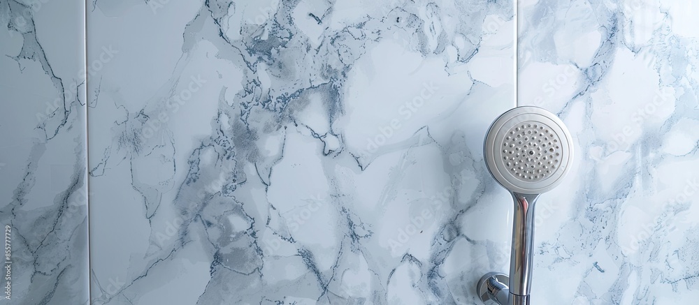 Poster Shower head and hose in the bathroom for spraying water fixed on the marble wall. Vertical orientation. with copy space image. Place for adding text or design