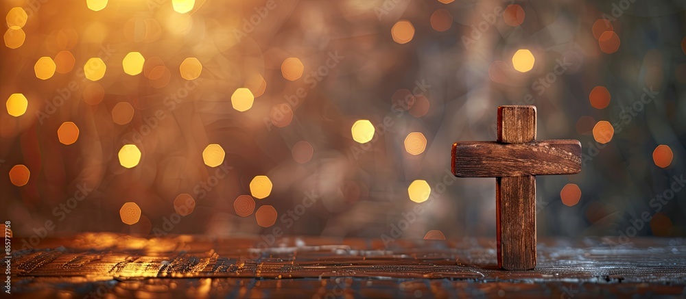 Poster Wooden Christian Cross out of focus with a soft bokeh lights background. Copy space image. Place for adding text or design