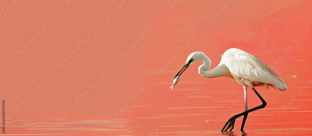 Poster white heron with fish in its beak on the red sea pastel background. with copy space image. Place for adding text or design