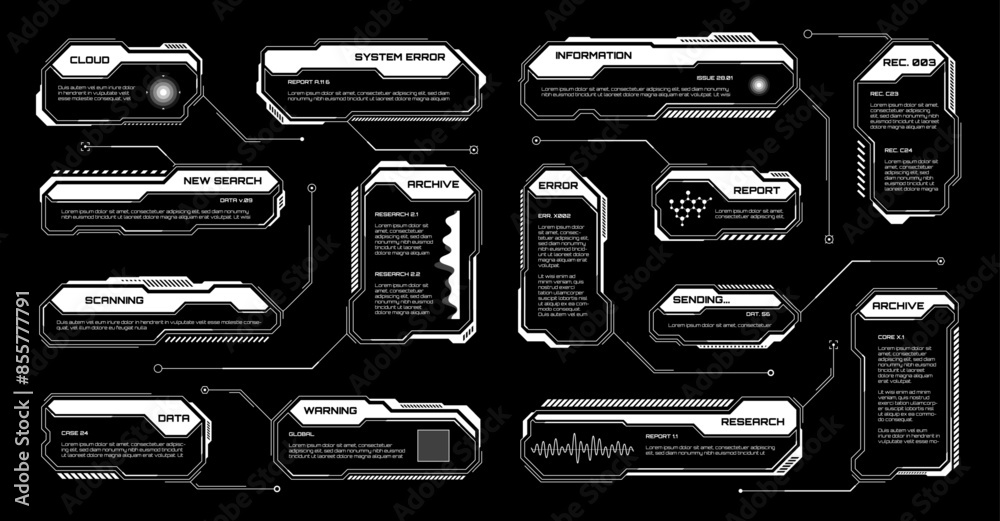 Aufkleber white futuristic hud, ui elements. sci-fi user interface text boxes, callouts. warning message frame