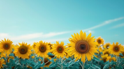 Fototapeta premium Vibrant sunflower field under a clear blue sky, showcasing bright yellow petals and lush green leaves, perfect for nature and floral themes.