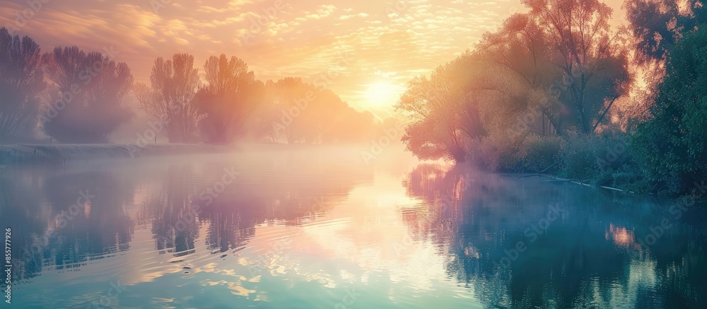 Aufkleber beautiful sunrise over the river. trees are reflected in the water. pastel background. with copy spa