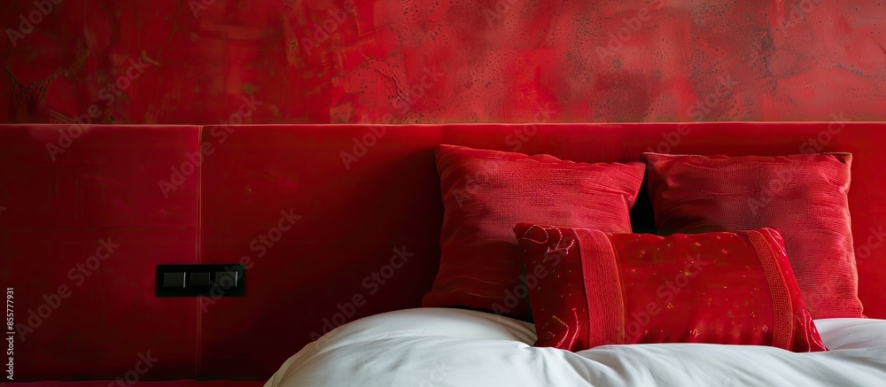 Poster close up of bedside headboard red cover as background. with copy space image. place for adding text 