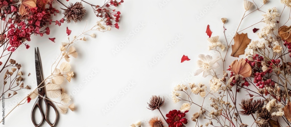 Aufkleber dried flower creations. dried flowers with scissors with creative process. copy space image. place f