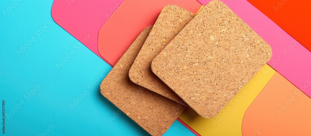 Poster Mockup of empty blank beer drink cork coasters in studio environment on bright pastel background. with copy space image. Place for adding text or design