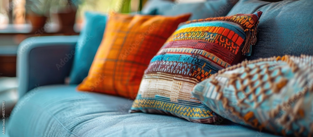 Poster Close up detail shot of decorative throw pillow. with copy space image. Place for adding text or design